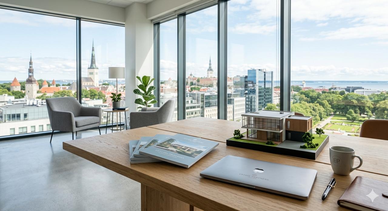 Kolmer Kinnisvara büroo Tallinna vaatega ja kinnisvaramaketiga laual